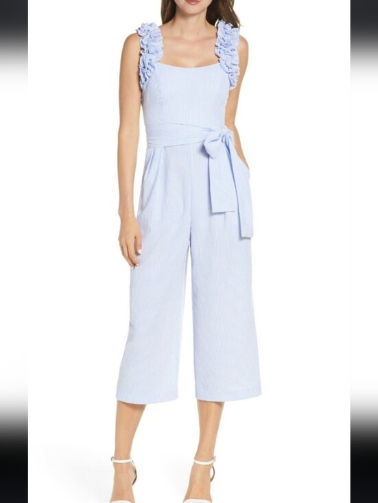 Eliza J Pants - Eliza J Light Blue Ruffle-Strap Seersucker Jumpsuit with Waist Tie